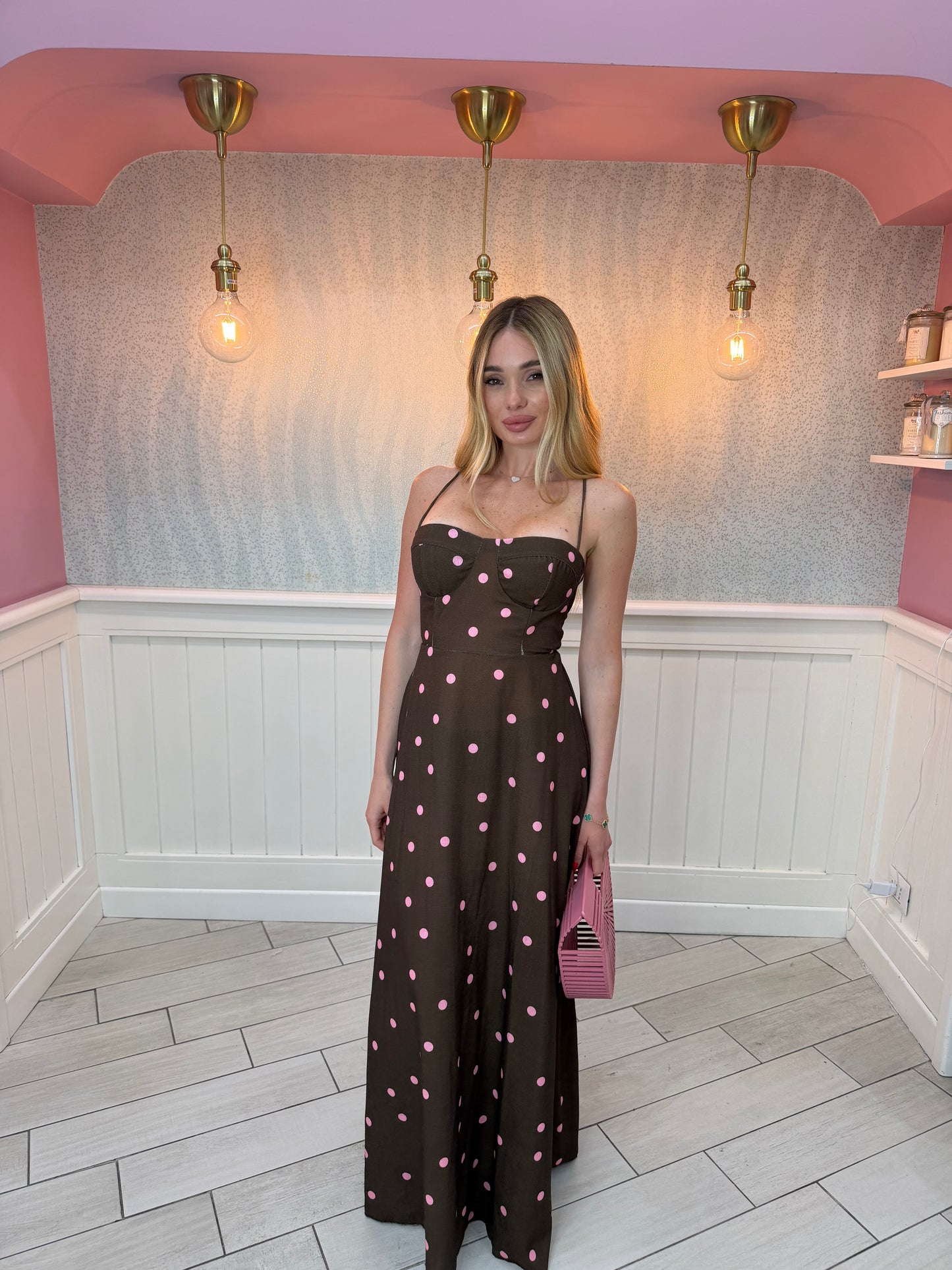 ABITO CAPRI POIS MARRONE ROSA