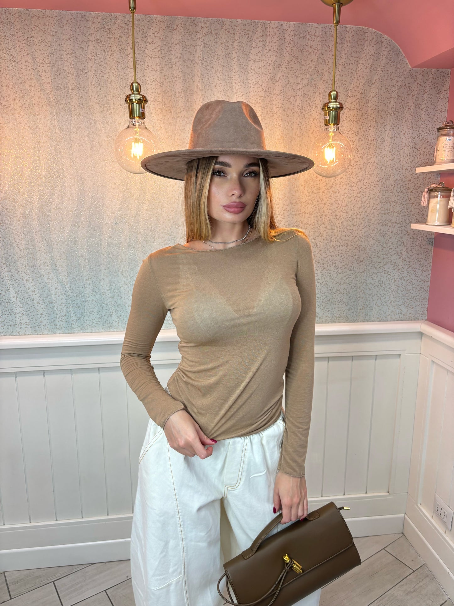 Maglia cashmere semitrasparente cammel