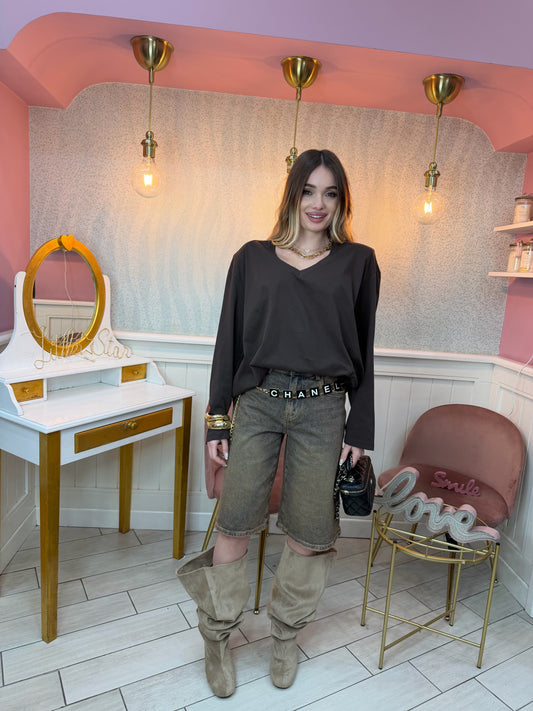 T-SHIRT SCOLLO V MARRONE JUSTWEST