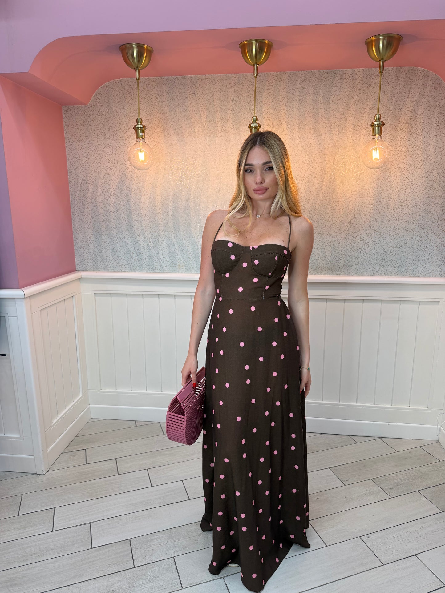 ABITO CAPRI POIS MARRONE ROSA